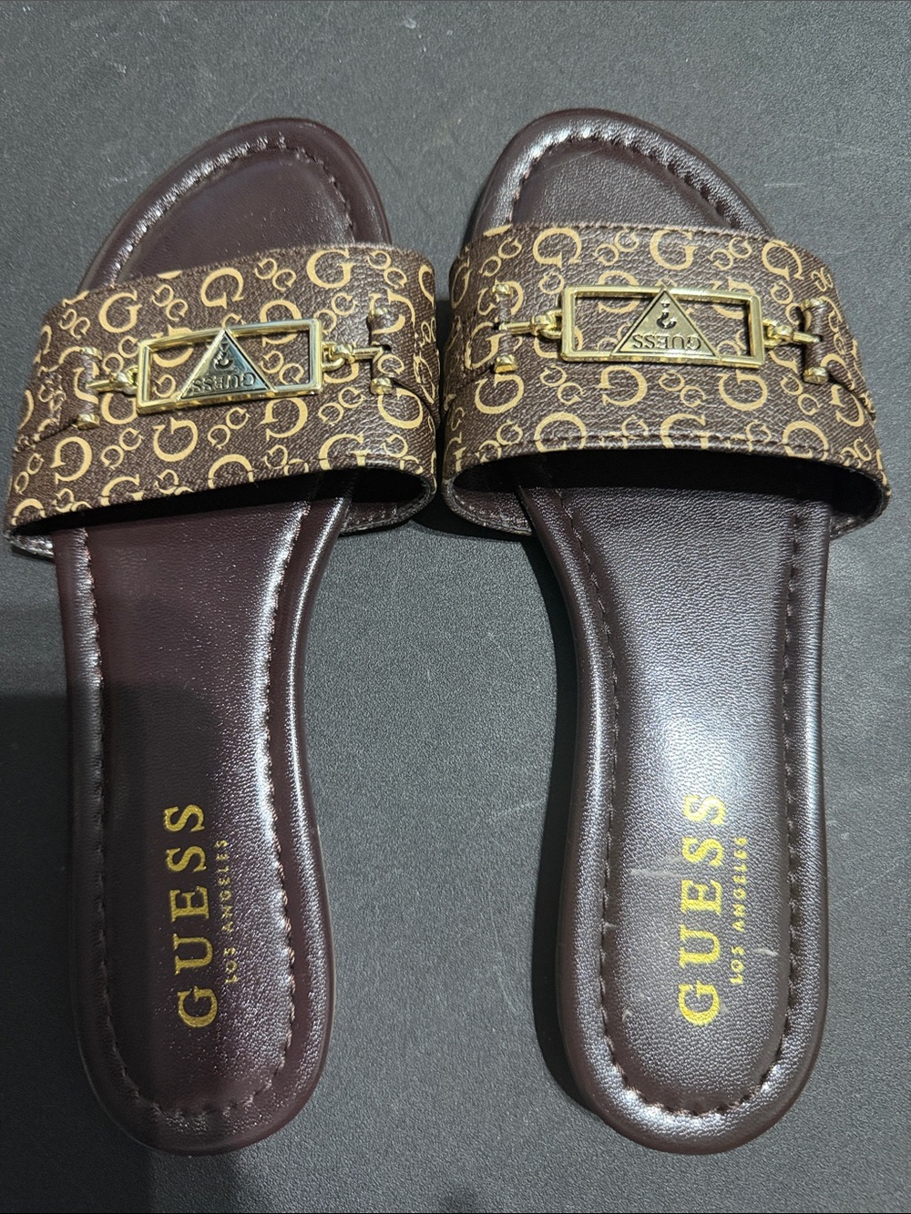 GUESS Brown Monogram Slide Sandals with Gold Accent 5.5